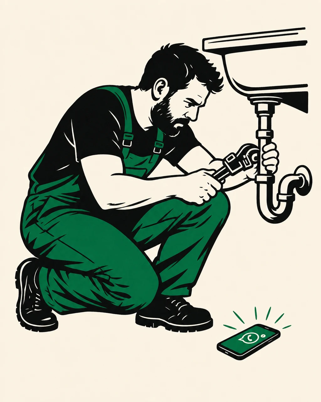 Illustration of a tradesman fixing a pipe under a sink while his phone lights up on the floor, unanswered