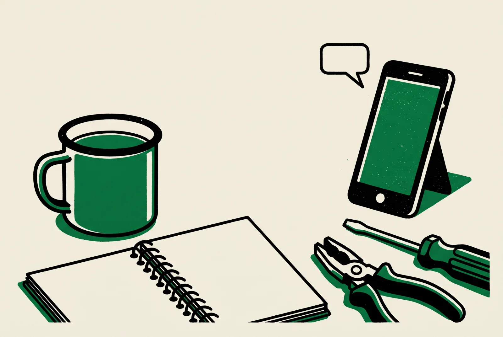 Illustration of a small UK workshop desk with a mug, notebook, tools and a phone answering a message