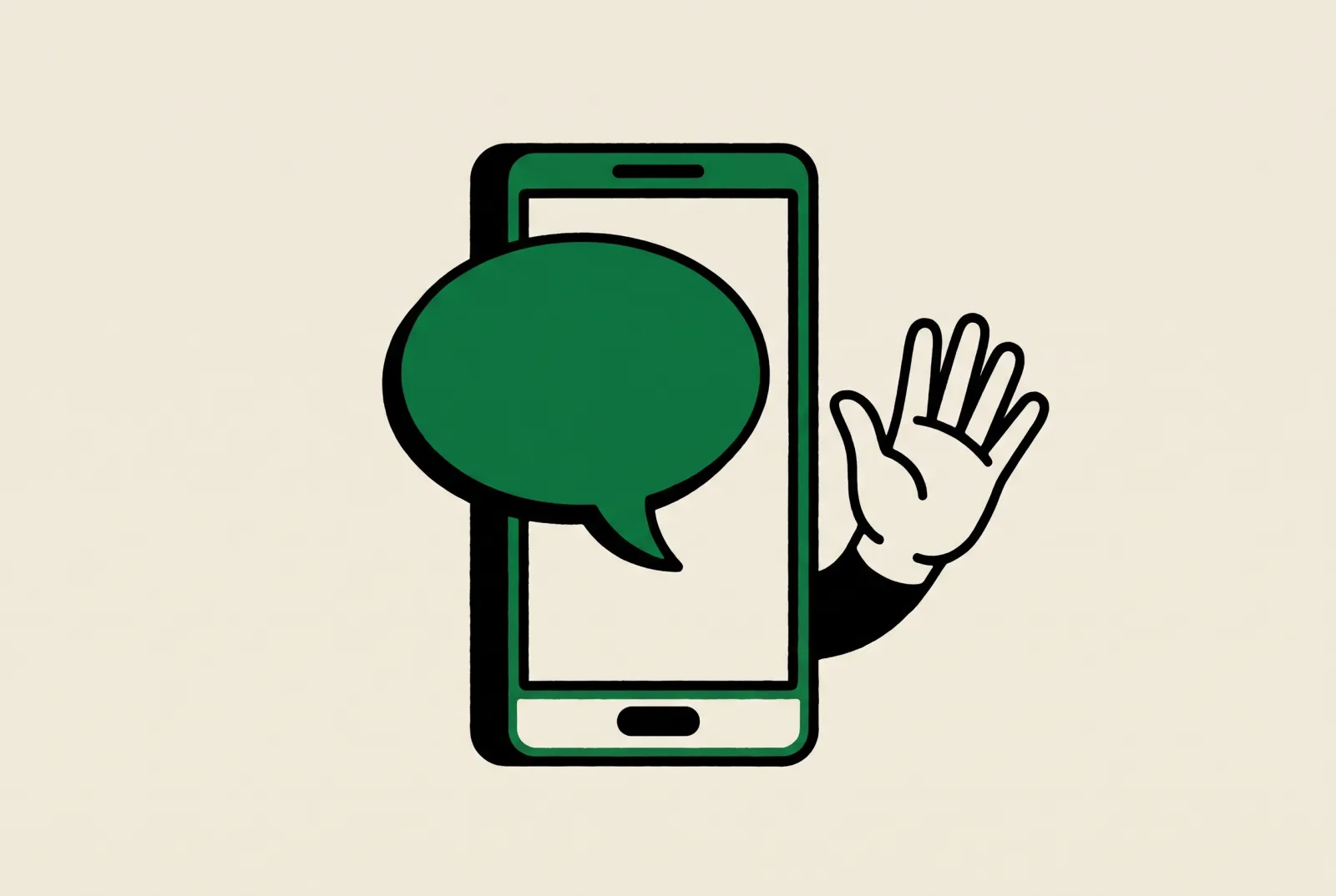 Illustration of a phone with a friendly green speech bubble and a welcoming wave