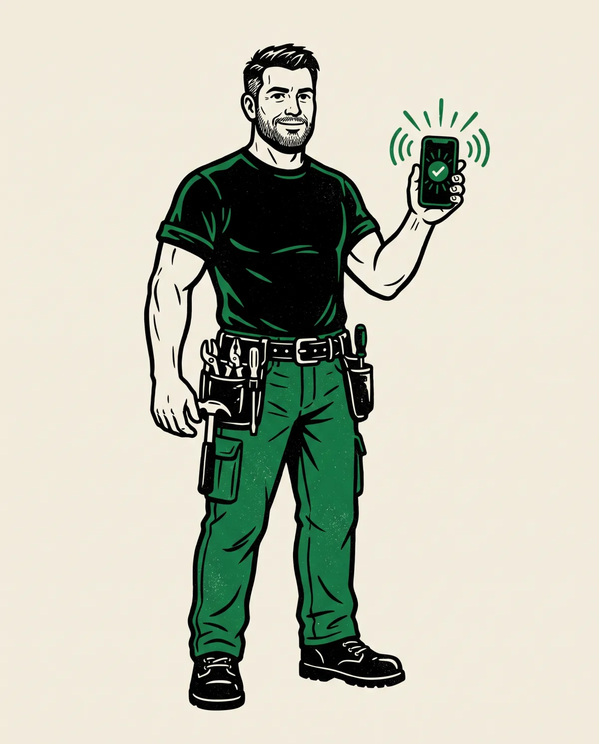 Illustration of an electrician holding up a phone that is pinging with a new enquiry