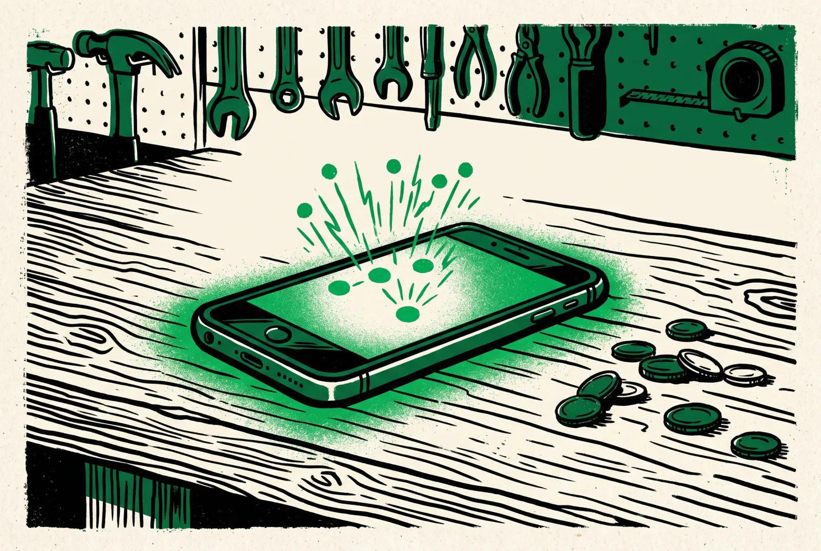 Illustration of a phone lying face-down on a workbench glowing with missed messages, coins scattered beside it
