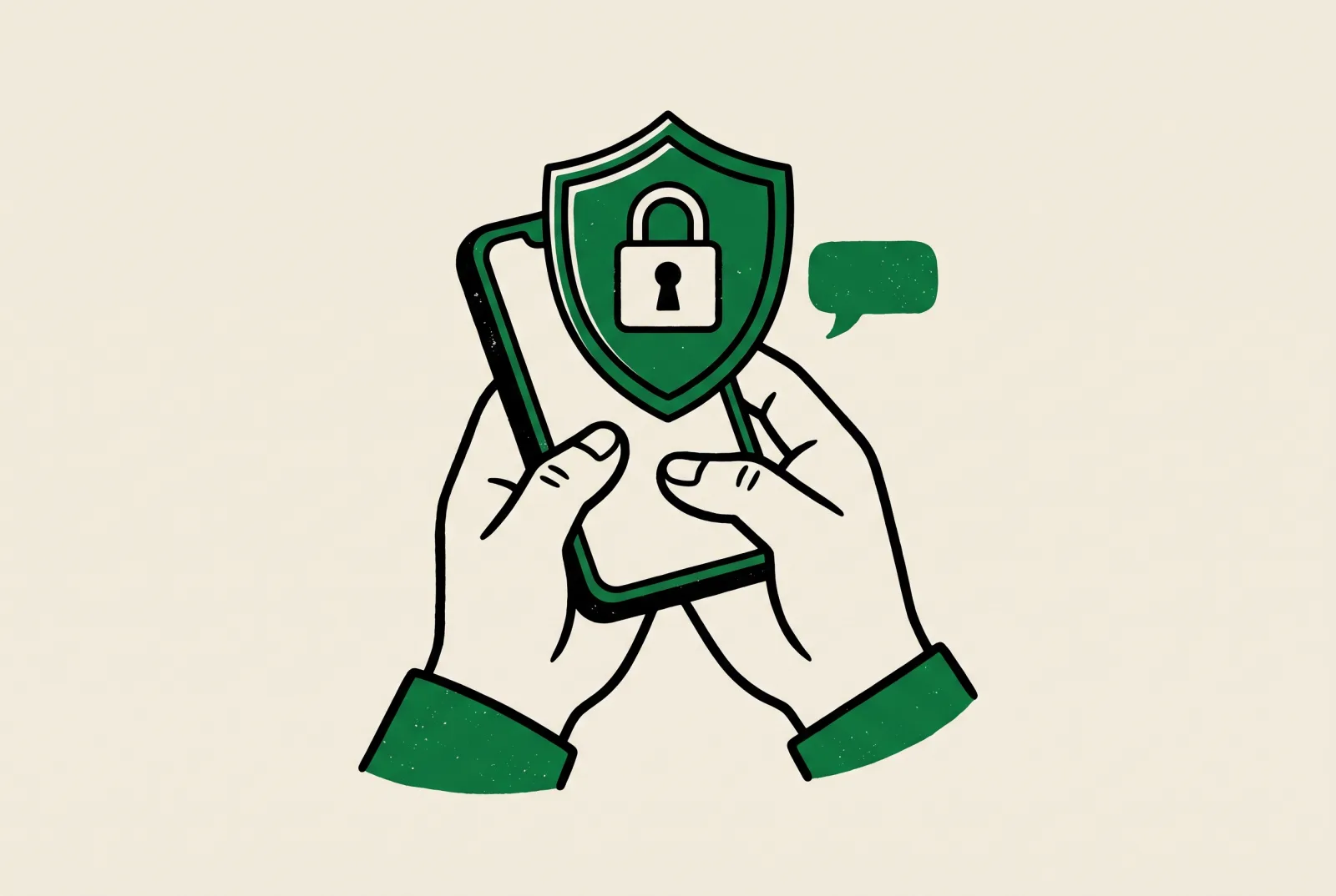 Illustration of two hands holding a phone with a green security shield and padlock