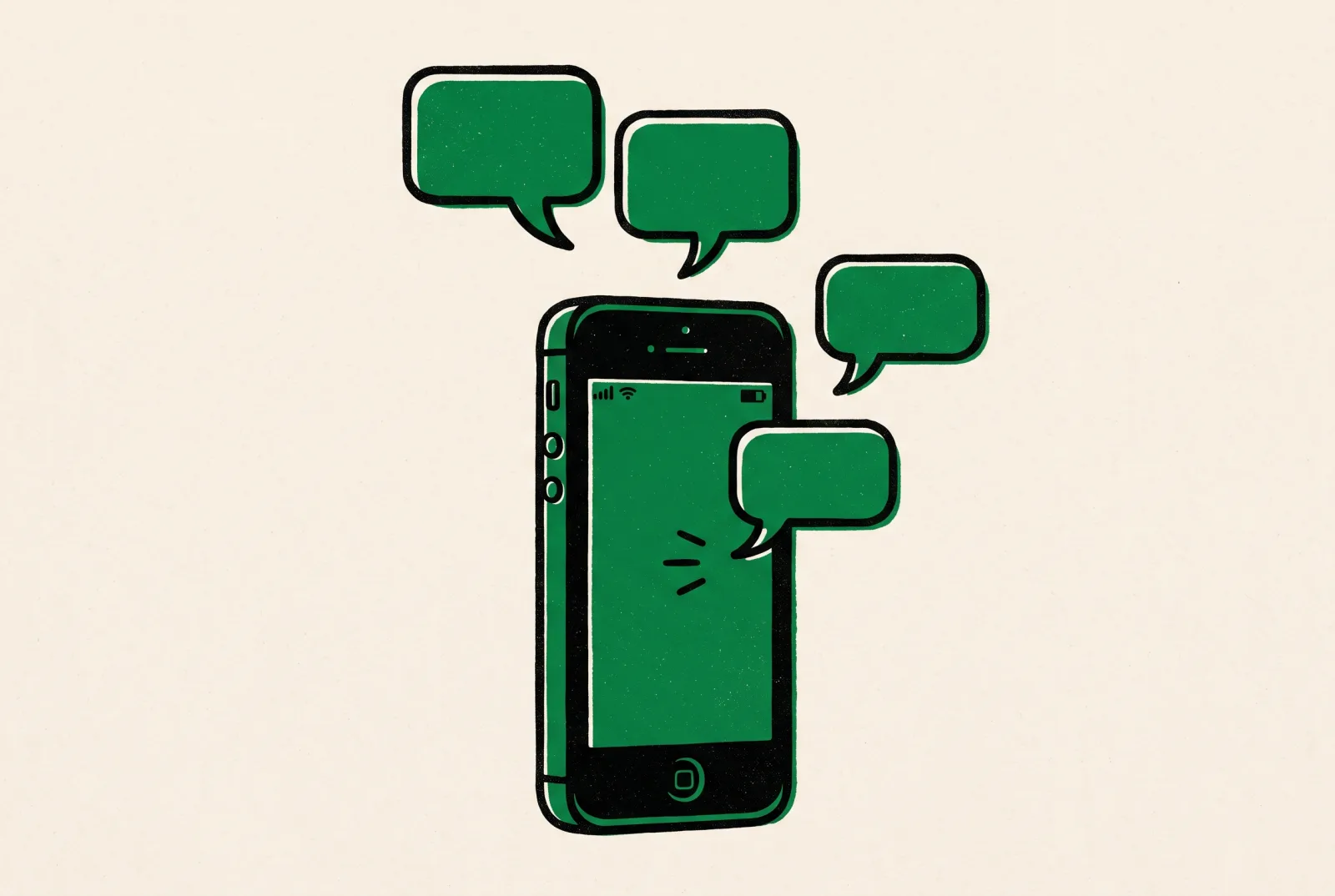 Illustration of a phone with green speech bubbles floating out of it